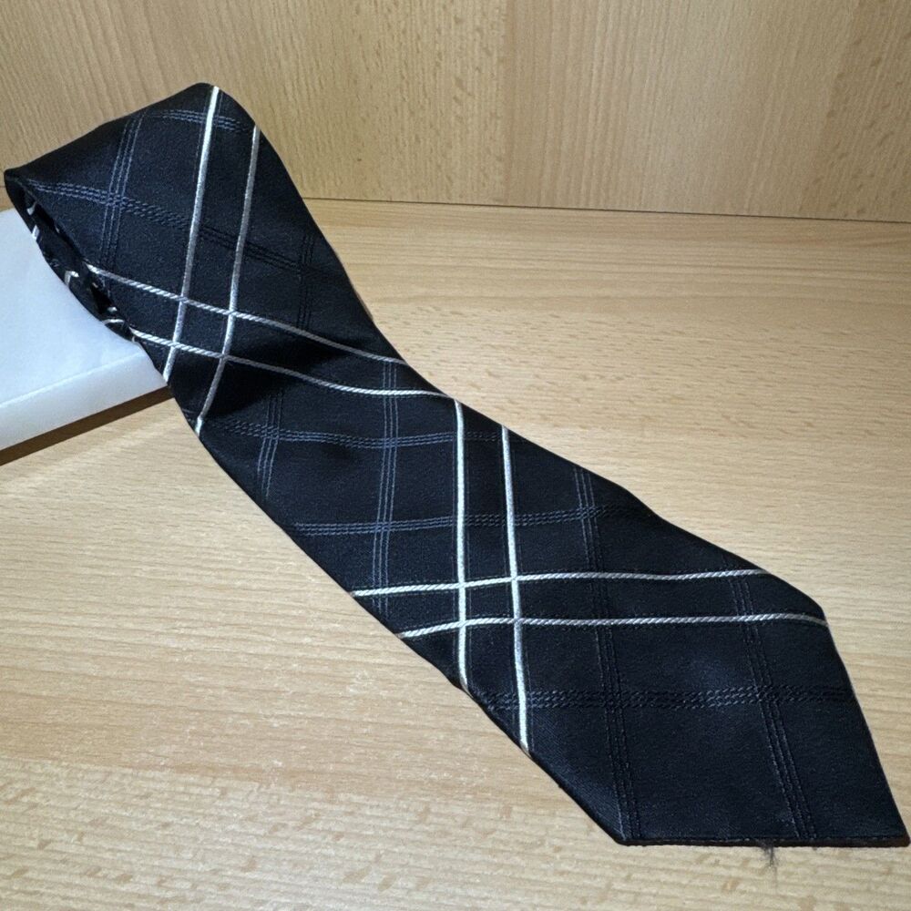 Murano Mens Tie Extra Long Black Geometric 100% Silk Made in USA